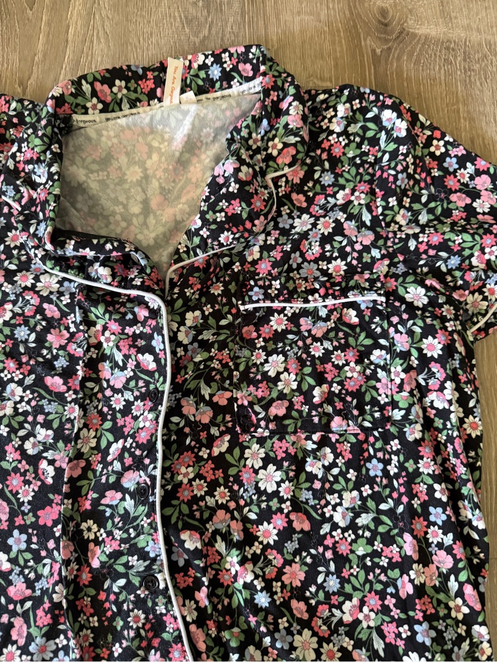 Joyspun Black Floral Short Pajama Set with Pink, White & Blue Flowers - Picture 2 of 5